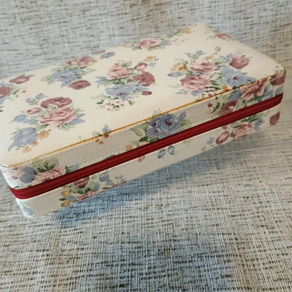 Vtg Floral Jewelry Travel Case Zippered Rose Print Organizer Cottagecore 1990's